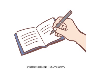 Mãos humanas escrevendo e lendo cartas em papel ou livro. Ilustrações de design de vetor de estilo desenhado à mão.