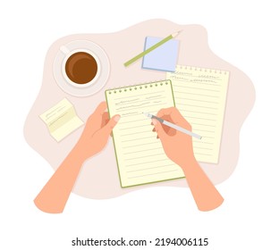 Human Hands Writing Something in Notepad with Pen and Coffee Cup Rested Nearby Above View Vector Illustration