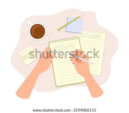 Human Hands Writing Something in Notepad with Pen and Coffee Cup Rested Nearby Above View Vector Illustration
