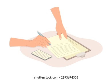 Human Hands Writing Something on Clipboard with Pen and Smartphone Rested Nearby Vector Illustration