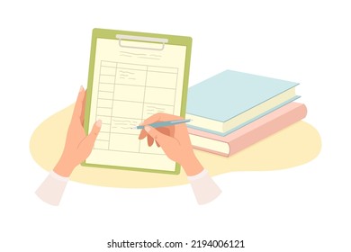 Human Hands Writing Something on Clipboard with Pen and Pile of Books Rested Nearby Vector Illustration