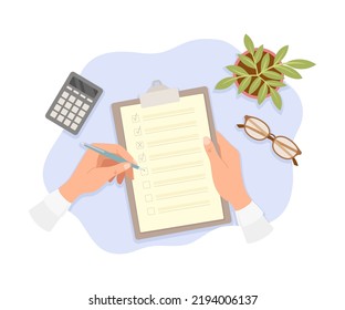 Human Hands Writing Something on Clipboard with Pen and Plant Rested Nearby Above View Vector Illustration