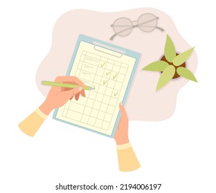 Human Hands Writing Something on Clipboard with Pencil and Plant Rested Nearby Above View Vector Illustration