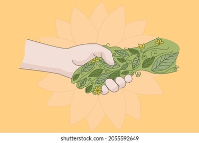 Human handshake green plant show love and care for nature and environment. People celebrate world environmental day. Save planet and earth. Eco friend, activist. Flat vector illustration. 