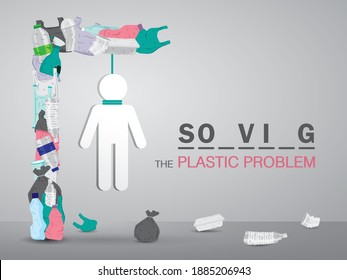 Human was hanged up by plastic waste. Plastic problem illustration vector with copy space.