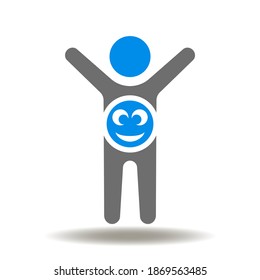Human happy hands up and belly with smile icon vector. Stomach care symbol. Healthy digestion sign.