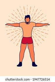 Human harmony, man energy power optimistic concept. Fitness flat style sport poster design with man. Vector illustration.