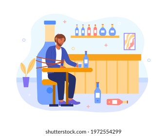 Human have pernicious habits addictions, substance abuse and chained tied to drink bottle. Flat abstract metaphor cartoon vector illustration concept design online banner. Isolated on white background