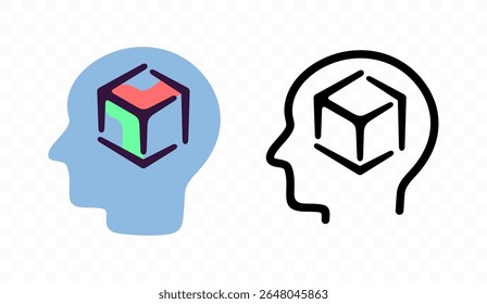Human head with 3D cube inside and modeling, graphic design. Cybernetic, artificial intelligence, measurement and dimensions, vector design and illustration