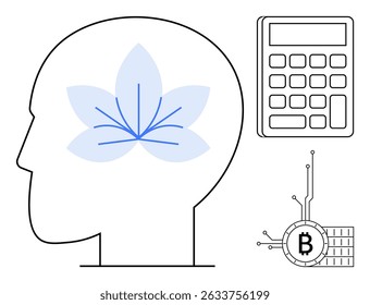 Human head with abstract brain, a calculator, and Bitcoin symbol. Ideal for technology, cryptocurrency, blockchain, finance, digital innovation. Minimalist design