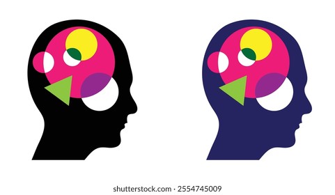 Human Head with Abstract Geometric Figures in the Brain Flat Style Background. Thinking activity, intelligence and problem brainstorming concept vector art