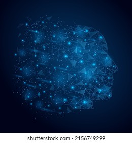Cabeza humana con elementos polígonos resplandecientes abstractos. Digitalmente, la gente se dirige con puntos de luz futuristas de conexión. Vector aislado en fondo azul oscuro.