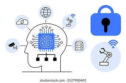 Cabeza humana con chip de IA e iconos conectados como brazos de robot, nube, globo, cámara de vigilancia y candado. Ideal para el desarrollo de la IA y el almacenamiento y la automatización de datos de ciberseguridad con tecnología IoT. Sencillo