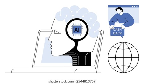 Uma cabeça humana com um chip de IA no interior é mostrada na tela do computador, com uma pessoa segurando um sinal de cashback e um globo ao lado dele. Ideal para tecnologia, aprendizagem de máquina, IA, ofertas de cashback e global