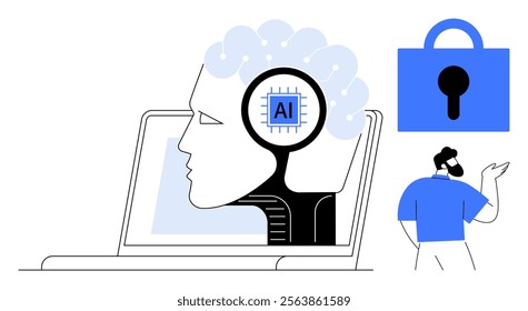 A human head with AI in a laptop, a padlock and a person. Ideal for AI technology, cybersecurity, digital learning, innovation, human-computer interaction. Modern, clean, minimalistic