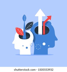 Human head and arrow up, next level improvement, training and mentoring, pursuit of happiness, self esteem and confidence, vector flat illustration