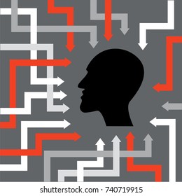 Human head with arrows symbolising information, data,  mathematical symbols.