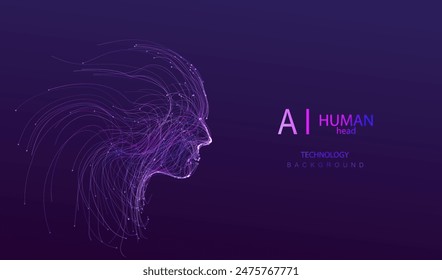 Fondo de la tecnología de la inteligencia artificial de la cabeza humana hecho del estilo de las líneas del neón. Diseño de Vector facial inteligente. Ai robot futurista de la innovación del bot.	