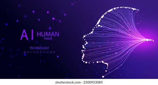 Human head artificial intelligence technology background. Neon line  style. Intelligence women face vector design. Ai innovation robot.