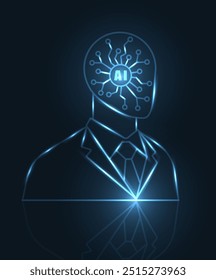 Human head artificial intelligence technology, blue glowing background. AI futuristic bot in business suit, virtual innovation abstract robot.