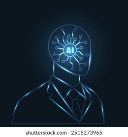 Human head artificial intelligence technology, blue glowing background. AI futuristic bot in business suit, virtual innovation abstract robot.