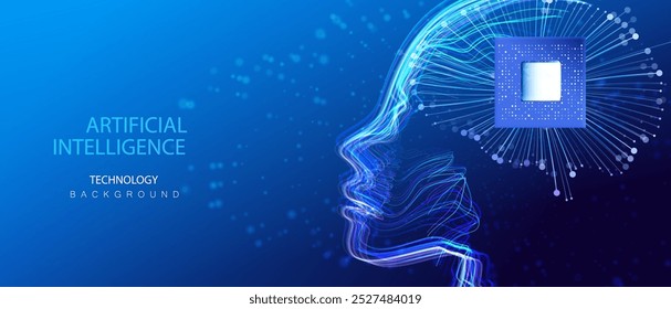 Fundo de tecnologia de inteligência artificial da cabeça humana. A inteligência artificial enfrenta o design do vetor cerebral e da CPU. Ai conceito de inovação de ideia futurista.