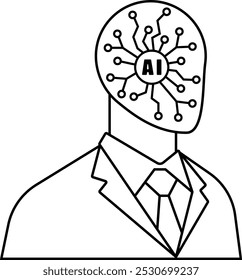 Human head artificial intelligence technology, simple flat design. AI futuristic bot in business suit, virtual innovation abstract robot.
