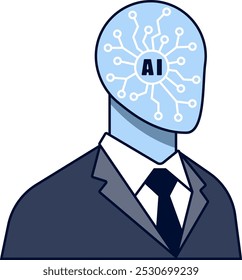 Human head artificial intelligence technology, simple flat design. AI futuristic bot in business suit, virtual innovation abstract robot.