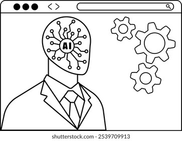 Tecnologia de inteligência artificial da cabeça humana e janela do navegador, design plano simples. AI robô futurista em terno de negócios, robô abstrato inovação virtual.