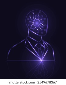 Human head artificial intelligence technology, purple glow background. AI futuristic bot in business suit, virtual innovation abstract robot.