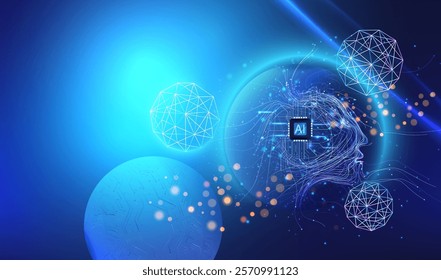 Human head artificial intelligence technology background with globe network wireframe planets and cpu. Artificial Intelligence face vector design. Ai futuristic innovation idea concept.