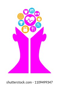 Human head with assorted symbols representing sport and fitness. Healthy food and lifestyle concept