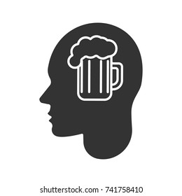 Human head with beer mug glyph icon. Alcoholism. Silhouette symbol. Bad habit. Negative space. Vector isolated illustration