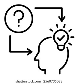 A human head beside a question mark and a light bulb, symbolizing problem-solving, curiosity, and innovative thinking round line vector icon with editable stroke