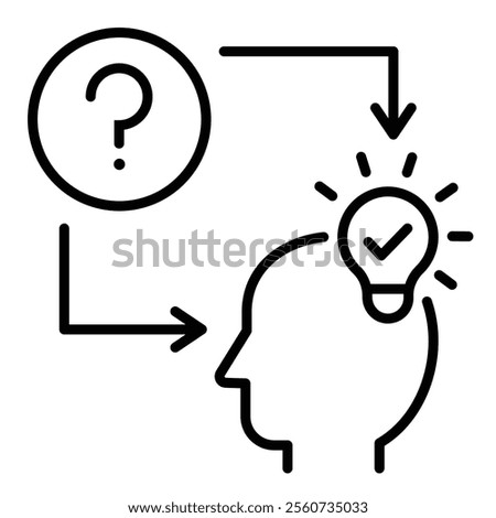 A human head beside a question mark and a light bulb, symbolizing problem-solving, curiosity, and innovative thinking round line vector icon with editable stroke