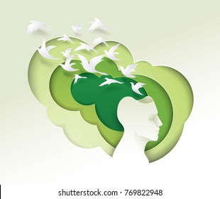 Human head with birds flying from head, freedom and relax mind, Creative ideas, emotions or psychology concept, Think outside the box, Paper art vector and illustration.

