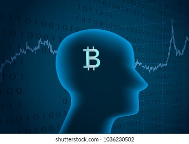 Human head and bitcoin symbol.In the background a price chart.