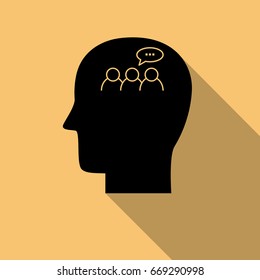 Human head black icon ,discussion symbol with long shadow. Creative logo design. Modern pictogram concept for web design