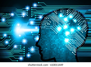  human head. blue Circuit board Safety concept. key. 