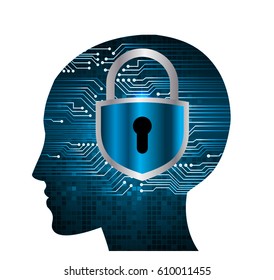  human head. blue Circuit board Safety concept. key. 