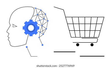 Human head with a blue gear and network connections next to a shopping cart. Ideal for Artificial Intelligence E-commerce Online Shopping Technology Innovation. Simplistic modern style