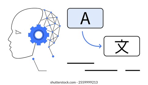 Human head with blue gear and network lines, showing translation of letter A to symbol with arrow. Ideal for machine learning, language processing, AI technology, data analysis, communication