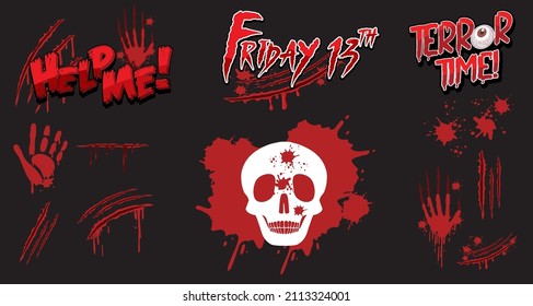 Human head bone with blood spatter and hand print illustration