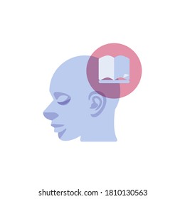 Icono de cabeza humana y libro plano, signo vectorial, pictograma colorido aislado en blanco. Símbolo, ilustración del logotipo. Diseño de estilo plano