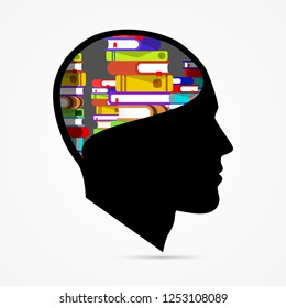 Human head with books. Creative education concept. Vector illustration