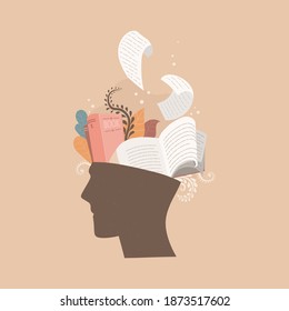 Human head with books inside. Book lover, knowledge and education concept. Vector color illustration isolated on beige background. Great for book exhibitions, shops, booklets.