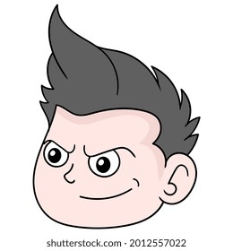 niño cabeza humana sonriendo cara arrogante, emoticono de caja de ilustraciones vectoriales. dibujo de icono de garabato