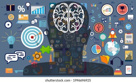 cabeza humana con tormentas cerebrales. ícono conjunto de ideas para el éxito, plan, pensar, buscar, analizar, comunicar, la tecnología de innovación moderna.  
