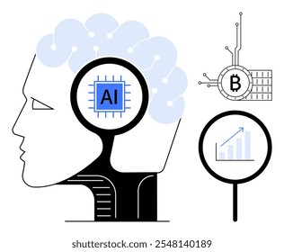 A human head with a brain circuit symbolizes AI, beside it a blockchain-related symbol and a growth graph under a magnifying glass. Ideal for technology, artificial intelligence, blockchain, data