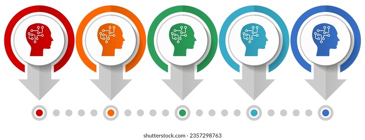 Human head, brain, human, circuit vector icon set, flat design infographic template, set pointer concept icons in 5 color options for webdesign and mobile applications